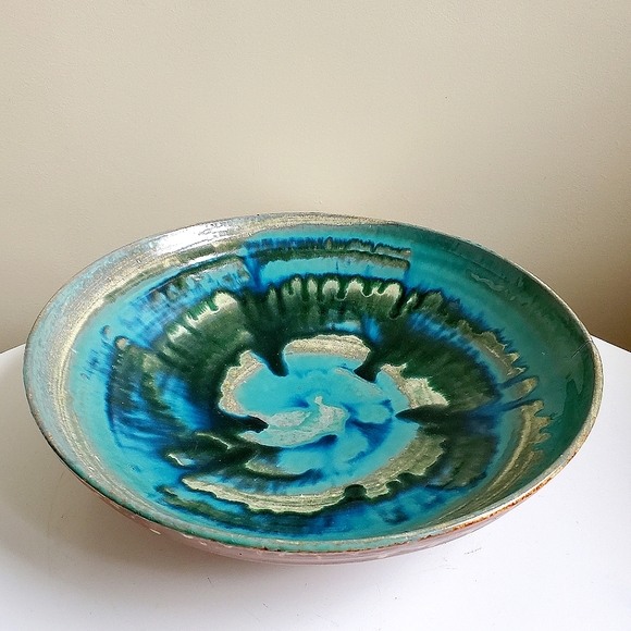 Large Mid Century Teal Glazed Studio Art Pottery Bowl, Signed - Picture 14 of 16